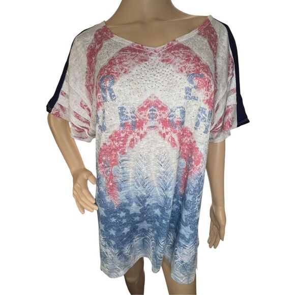 NWOT Vocal Stars And Stripes America Short Sleeve Blouse With Sequins - Picture 1 of 6